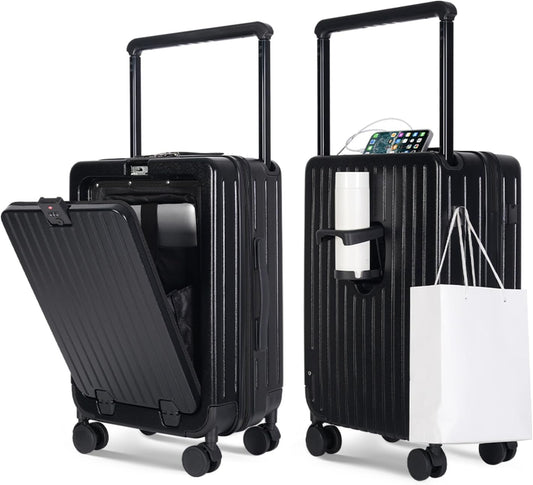 SOKOK Front Pocket Luggage Carry On with Spinner Wheels, Wide Handle Travel Suitcase PC Hardshell Durable Rolling Luggage for Business Trip with Charging Port and Cup Holder, Black