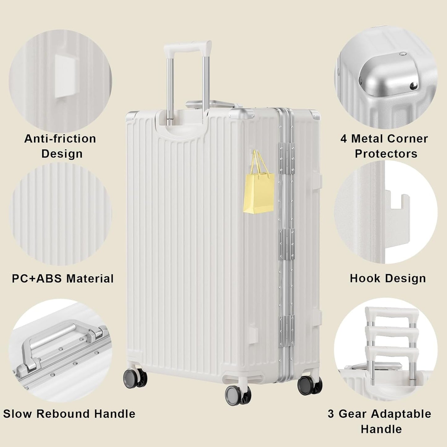 AnyZip Luggage Sets 2 Piece Aluminum Frame Carry On and Checked Suitcase PC ABS Hard Shell TSA Lock No Zipper(White, 20/28)