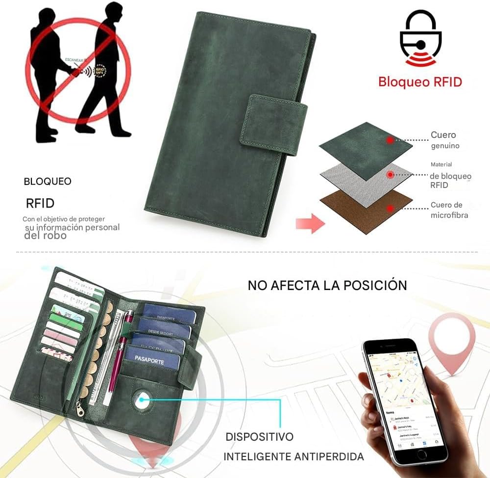 CONTACTS Full Grain Leather Family Passport Holder for 4 Airtag Passport Wallet RFID Blocking Travel Passport Cover with 4 Passport Slot, 6 Card Slot (Green)