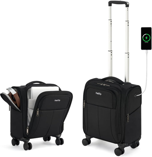 16 Inch Underseat Carry On Luggage with Wheels Softside Small Suitcases Personal Item Bag with Pocket Travel Luggage for Men Women Business Overnight Bag(Black)