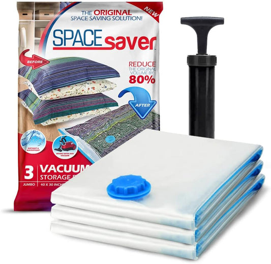 Spacesaver 3 Pack Jumbo Vacuum Storage Bags - 40" x 30 Heavy Duty Blanket Storage Bag with Pump - Space Saver for Clothes, Comforters, and Bedding - Compression Bags to Store Blankets for Travel