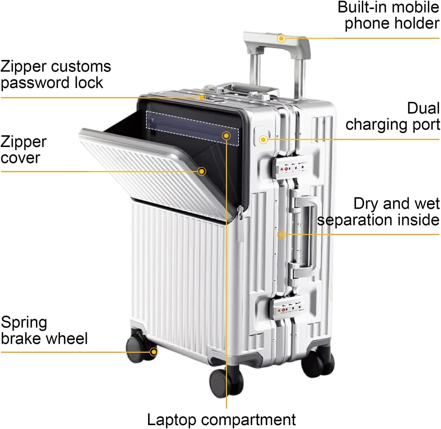 2-Piece Hardshell Zipperless Luggage Set, 20/26" Aluminum Frame Hardshell Spinner Luggage, Airline Approved Carry-On Luggage, TSA Lock, 360° Quiet Wheels With Cup Holder (silver)