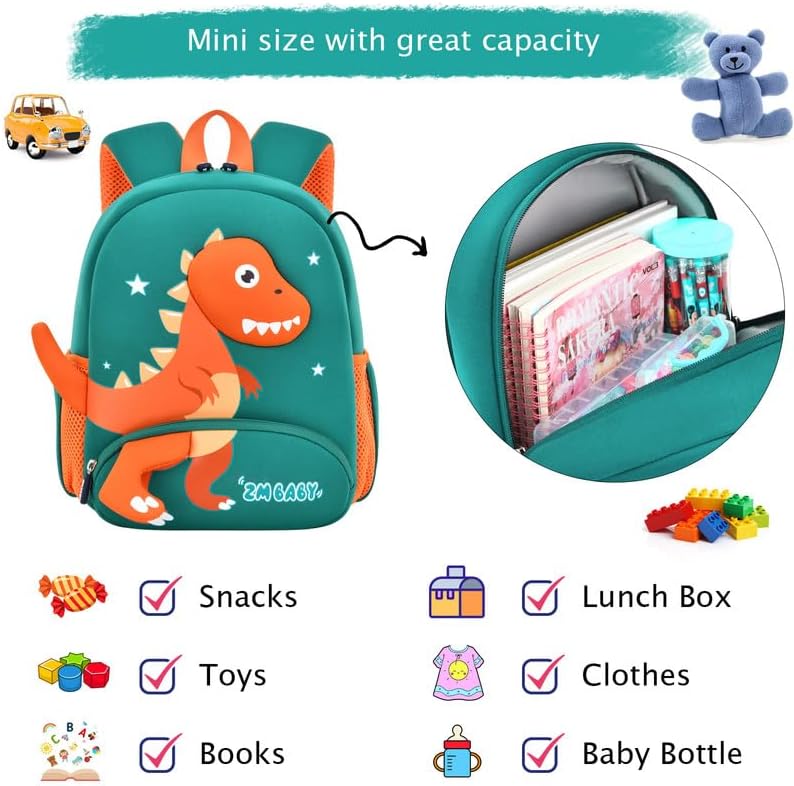 Padgene Toddler Backpacks Kids Preschool Backpack Waterproof Neoprene Animal Schoolbag Lunch backpack 3D Cartoon Mini Travel Bag for Boys Girls Ages 3-5