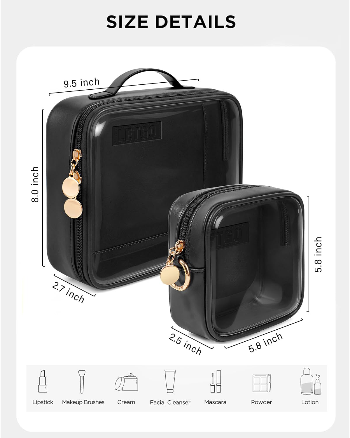 2pcs Clear Toiletry Bag TSA Approved Travel Bag,Carry On for Travel,Airport Airline Accessories Compliant Bag,Quart Sized Makeup Cosmetic bag Women Men (Large+Mini Black)