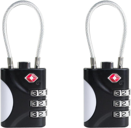 TSA Approved Luggage Locks - Small Combo Travel Padlock with Cable, TSA 007 Suitcase & Backpack Security, Durable & Easy to Use (Black+Black)