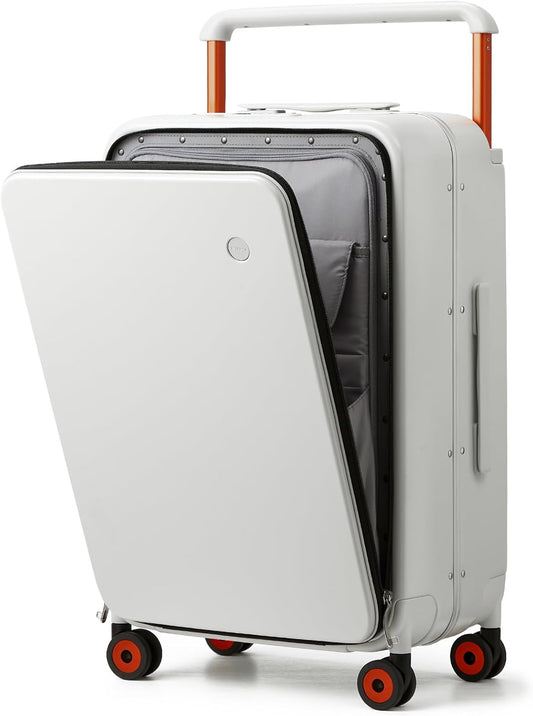 mixi Checked Luggage Wide Handle Luxury Design Rolling Travel Suitcase PC Hardside with Aluminum Frame Hollow Spinner Wheels, with Cover, 24 inch, Smoke White