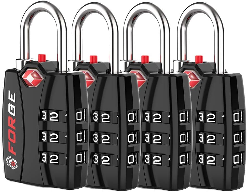 Forge TSA Luggage Combination Lock - Open Alert Indicator, Easy Read Dials, Alloy Body- Ideal for Travel, Lockers, Bags (Black 4PK)