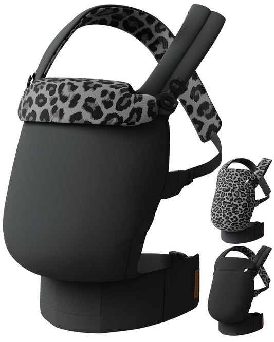 Reversible Baby Carrier – Black Solid & Leopard Print; Lightweight & Breathable Lyocell Fabric; Ergonomic Lumbar Support and Quick Hands-Free Wear for Newborn to Toddler (7–44 lbs)