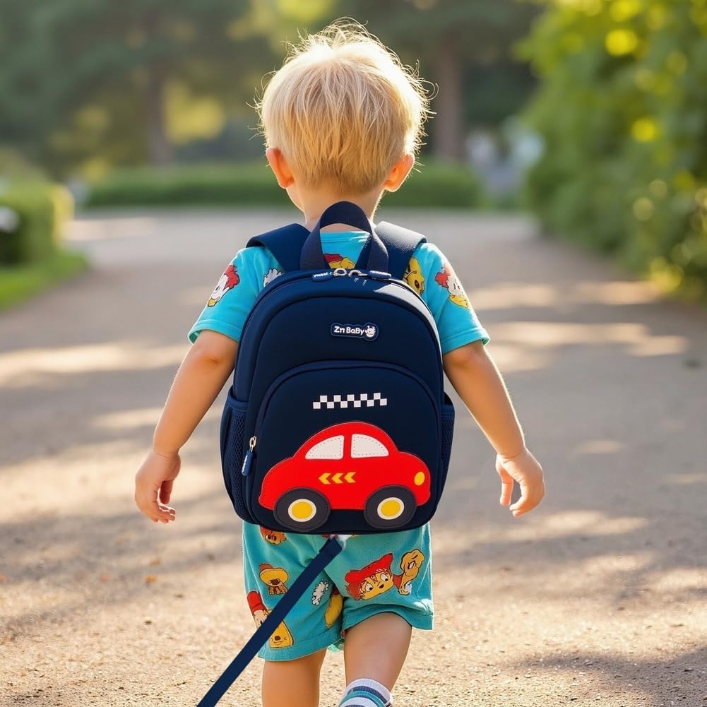 Padgene Toddler Harness Backpacks Safety Leash Kids Anti Lost Kindergarten Preschool Backpack Neoprene Lightweight Animal Schoolbag 3D Cartoon Car Mini Travel Bag for Boys Girls Ages 3-5