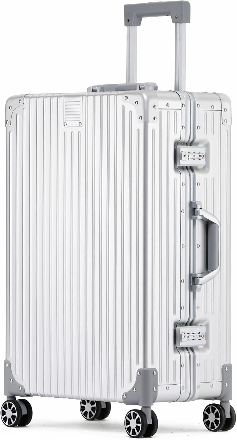 Metal All Aluminum Carry-on Luggage TSA Customs Lock Zipperless Silent Rotary Wheel Business Suitcase Aluminum Frame Set (silvery, 24 '')