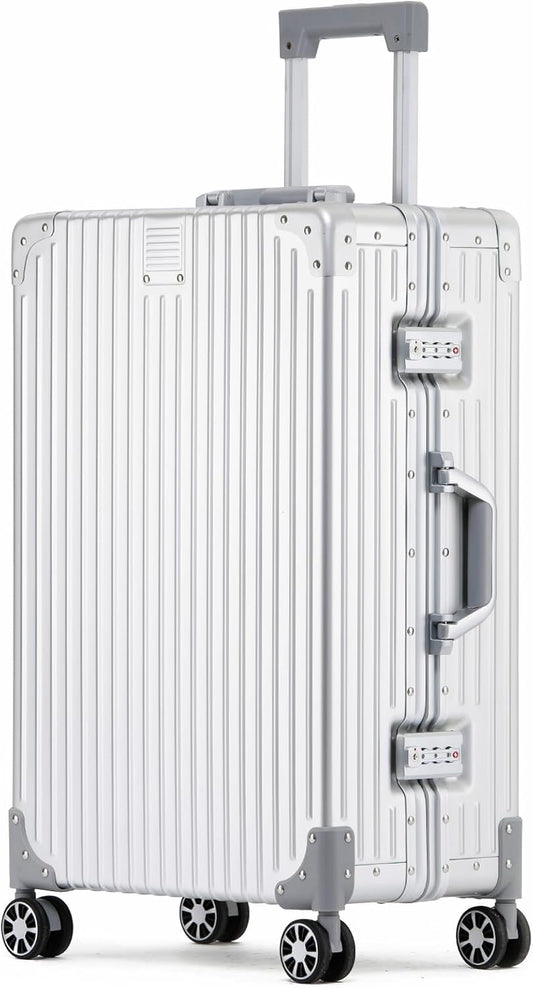 Metal All Aluminum Carry-on Luggage TSA Customs Lock Zipperless Silent Rotary Wheel Business Suitcase Aluminum Frame Set (silvery, 26 '')