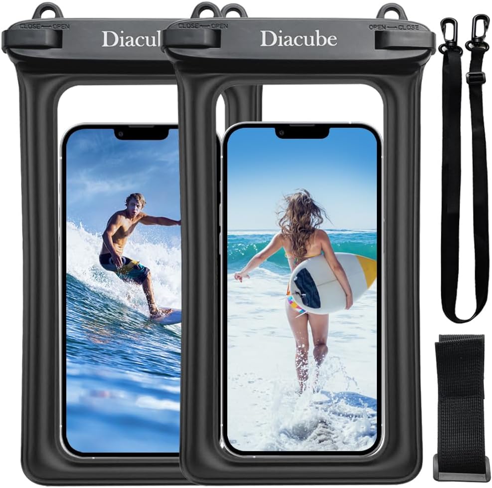 2-Pack Waterproof Phone Pouch, Universal IPX8 Floating Waterproof Case with Adjustable Lanyard for All Phones [Up to 8.3"] Beach, Waterpark & Travel Essentials - Black