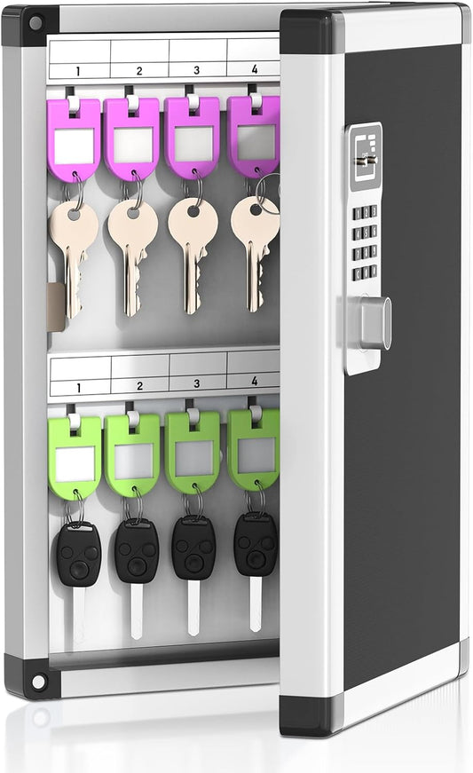 24 Slots Key Box Wall Mount with Code, Key Lock Box with Combination, Key Storage Box with Key Hooks & Tags & Lables, 8.45" x 2.55" x 13" (Black-Code Lock, 24 Keys)