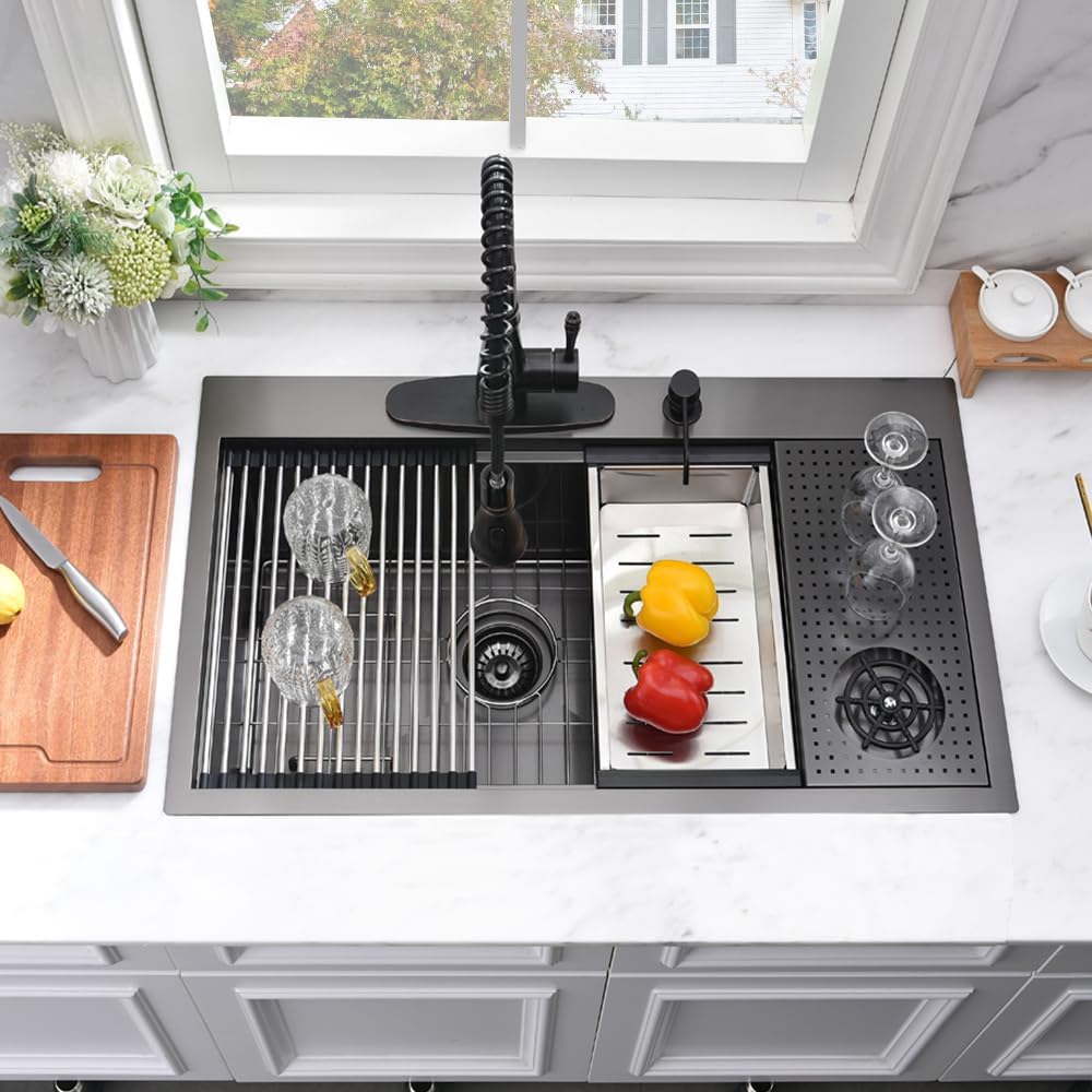 33 Inch Black Drop In Kitchen Sink with Glass Rinser-Bokaiya 33x19 Drop In Sink Stainless Steel Ledge Workstation 16 Gauge Single Bowl Deep Kitchen Sinks with Cup Washer