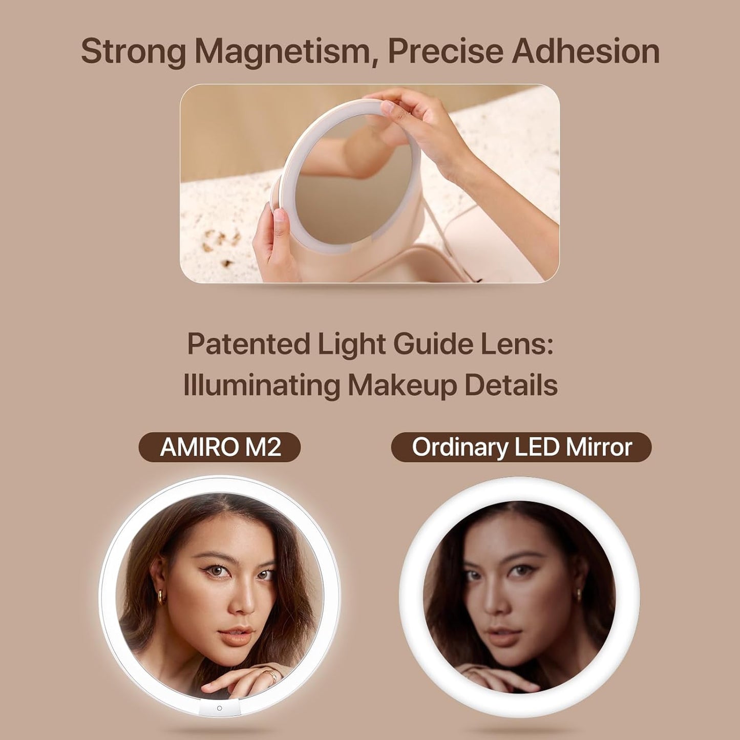 AMIRO M2 LumoCube Makeup Mirror with Bag - Portable LED Makeup Mirror with Lights, 5-Level Brightness, 3-Color Lights - Travel Makeup Organizer - Pink