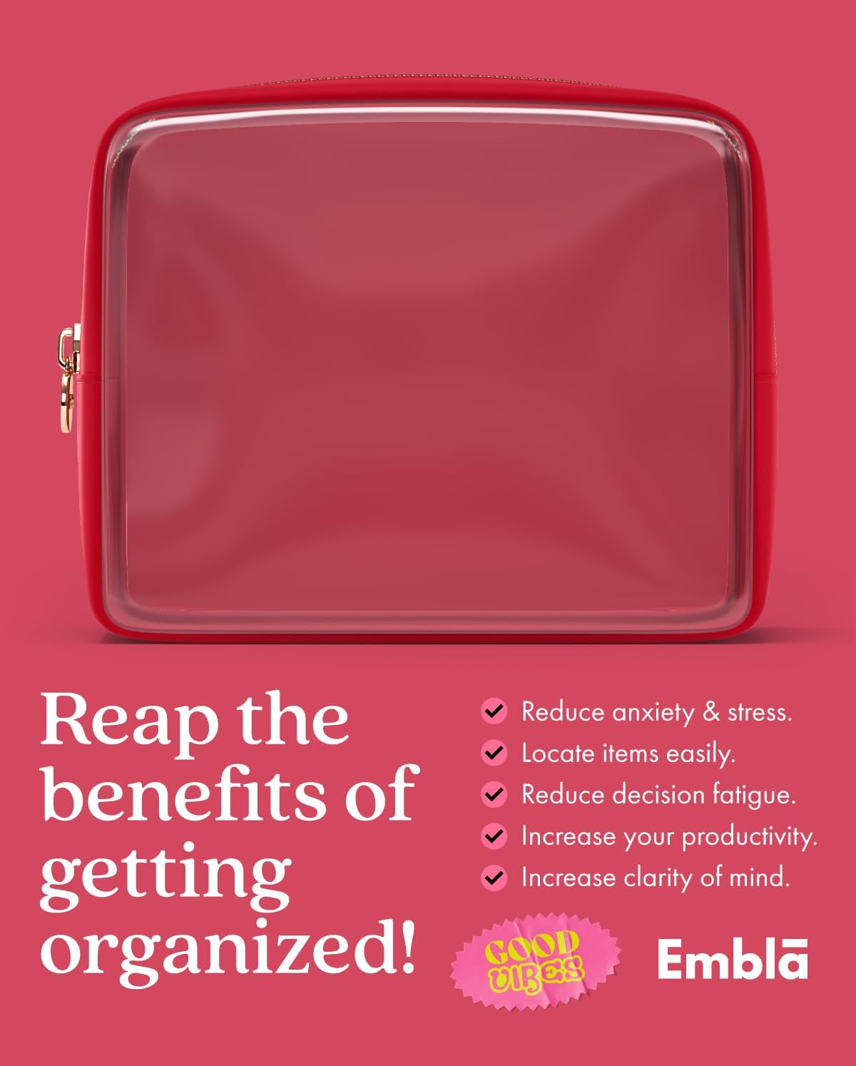 Clear Makeup Bag Zipper Pouch, Transparent Cosmetic Case Organizer, TSA Approved Travel Toiletry Case, Travel Accessories Essentials Makeup Tote for Women, Large Cute Make up Bag for Purse - Ruby