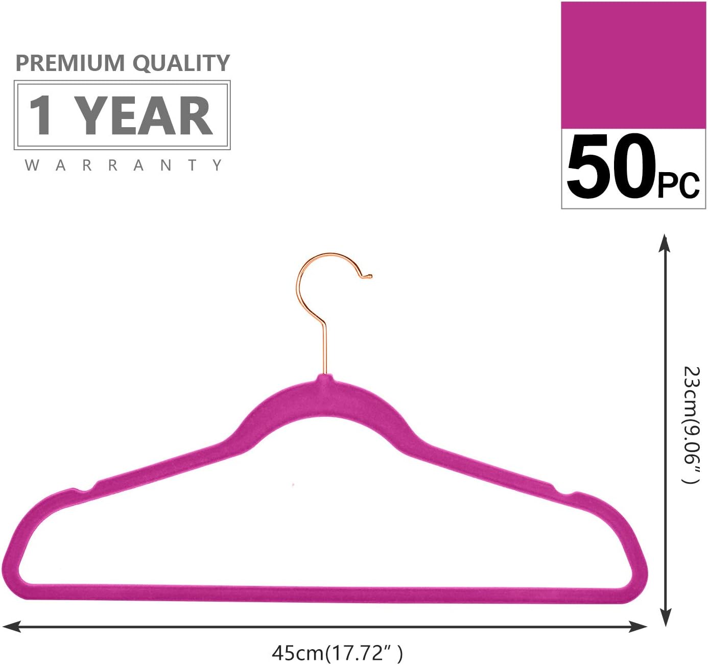 MIZGI Premium Velvet Hangers (Pack of 50) Heavyduty - Non Slip - Velvet Suit Hangers Pink - Copper/Rose Gold Hooks,Space Saving Clothes Hangers