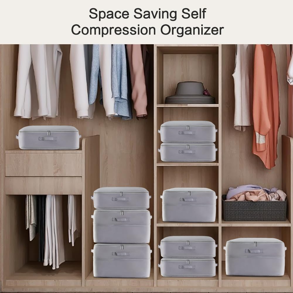 Ultra Space Saving Self Compression Storage Bags with Zipper, （Grey) -Compression Organize for Bedding, Comforter Storage Bag for Blankets Duvet Quilts Pillows