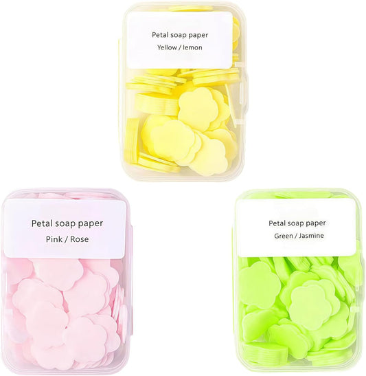 3 Boxes 300Pcs Portable Hand Washing Soap Sheets, Different Scented Mini Petal Hand Wash Soap Sheets, Disposable Soluble Soap for Outdoor Travel, Camping, Hiking