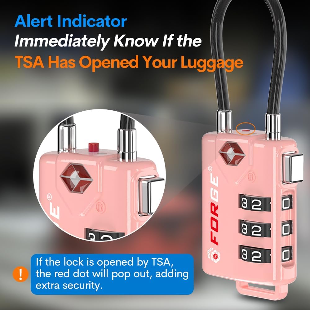 Forge TSA Approved Cable Luggage Locks, 2 Pink Locks, Re-settable Combination with Alloy Body