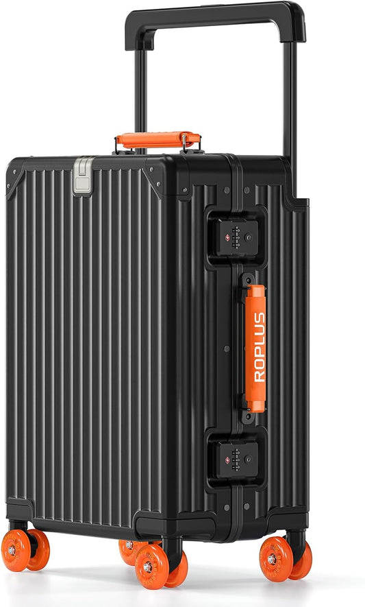 Aluminium Frame Carry on Luggage with Smooth Jelly Wheels, Hardside Zipperless Rolling Suitcase with TSA Lock (BlackOrange, 21-Inch)