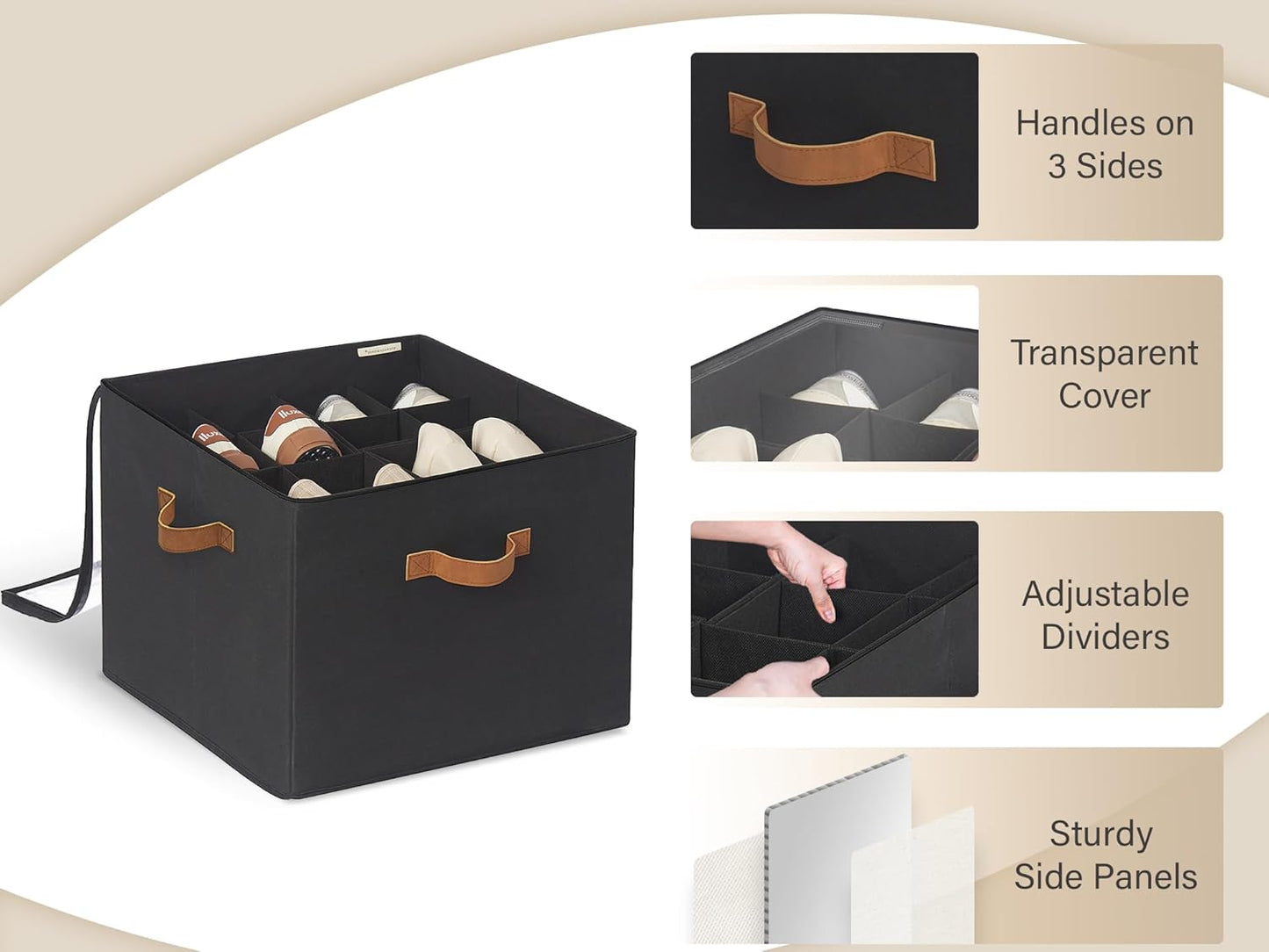 StorageWorks Shoe Organizer for Closet, Fits up to 16 Pairs, Shoe Cubby Storage Containers with Adjustable Dividers and Clear Cover, Black