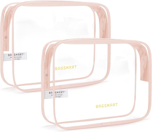 BAGSMART Clear Toiletry Bag, 2 Pack TSA Approved Travel Toiletry Bag Carry on Travel Accessories Bag Airport Airline Quart Size Bags Water Repellent Makeup Cosmetic Bag for Women (Nude Pink-2pcs)