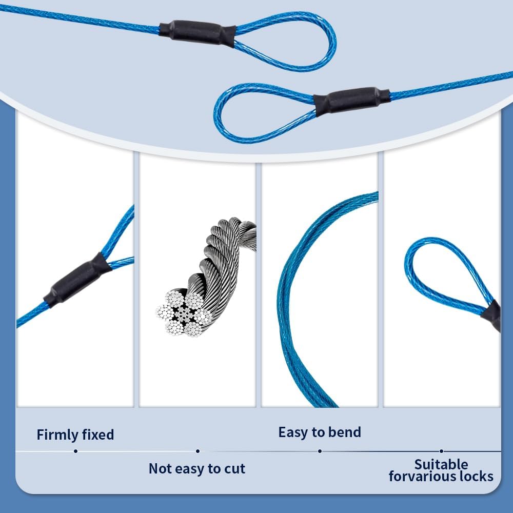3.3mm (1/8 Inch) Outdoor Travel Stainless Steel Security Cable-3ft Luggage Lock Safety Wire Flexible Steel Wire Rope with Double Loop Safety for Luggage, Bike, Lock(Black+Blue, 3ft-(2Pack)