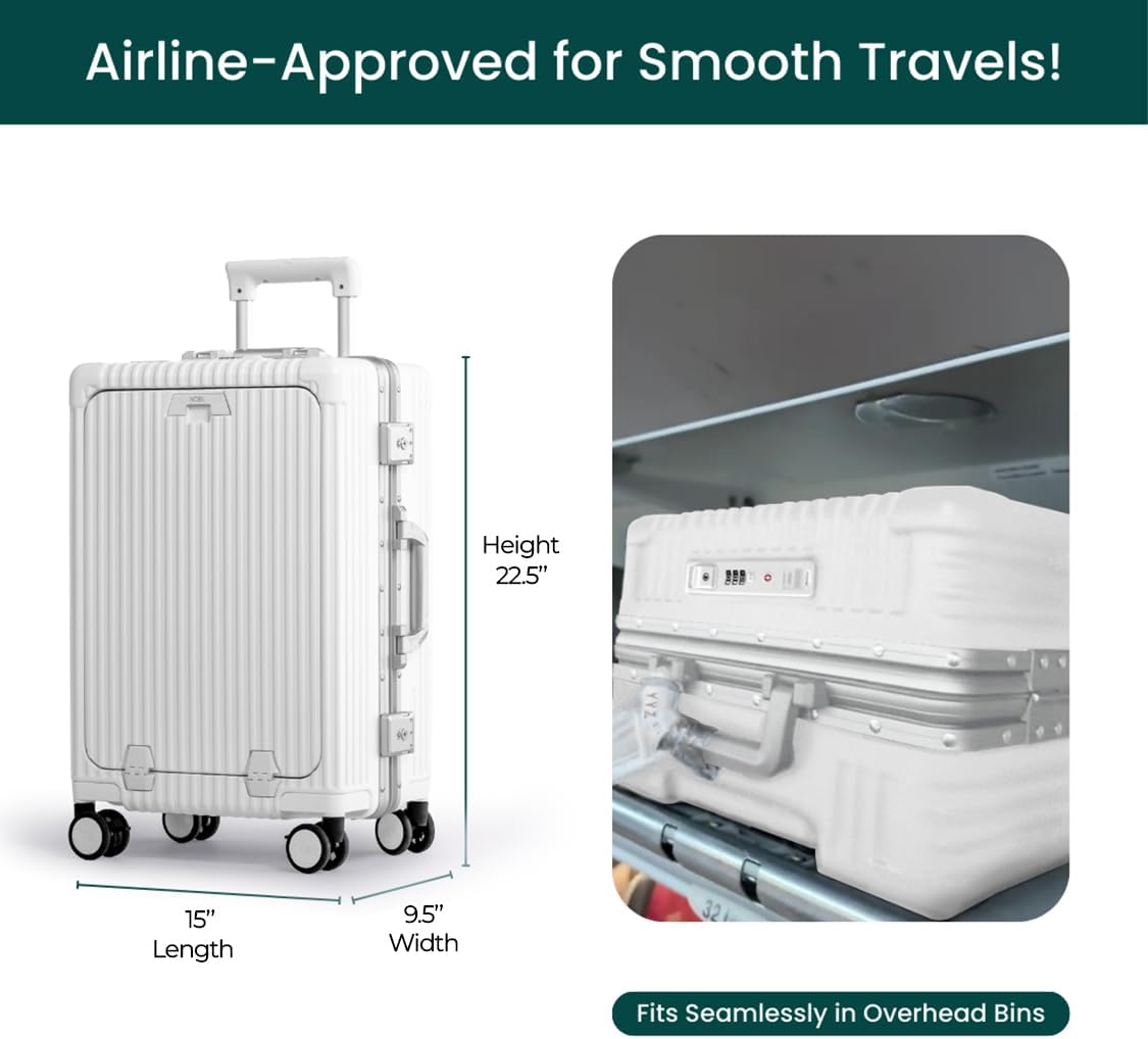 Nobl Travel Carry On Luggage, Noble Zipperless Aluminum Frame PC Hard Shell Suitcase, 22.5x15x9.5 Airline Approved, 360° Spinner Wheels, TSA Locks, USB Charging Port, Cup & Phone Holder - White
