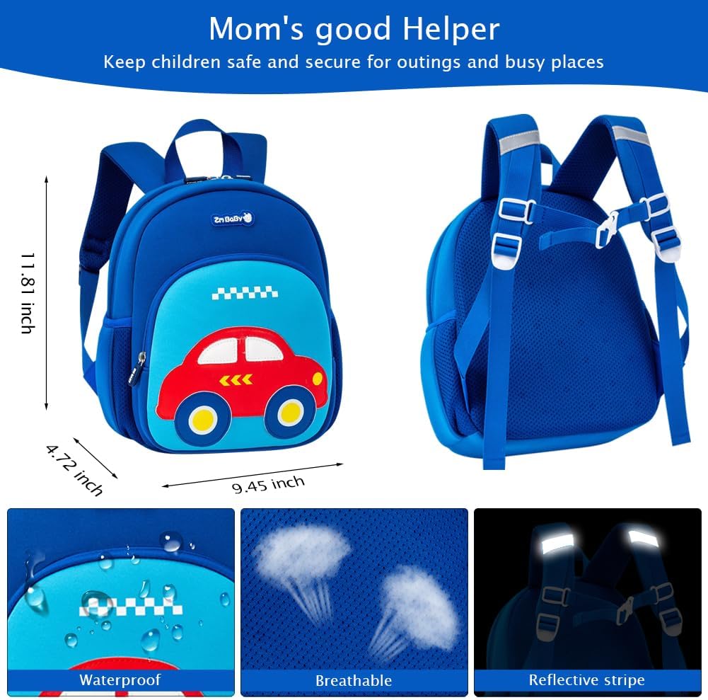 Padgene Toddler Harness Backpacks Safety Leash Kids Anti Lost Kindergarten Preschool Backpack Neoprene Lightweight Animal Schoolbag 3D Cartoon Car Mini Travel Bag for Boys Girls Ages 3-5