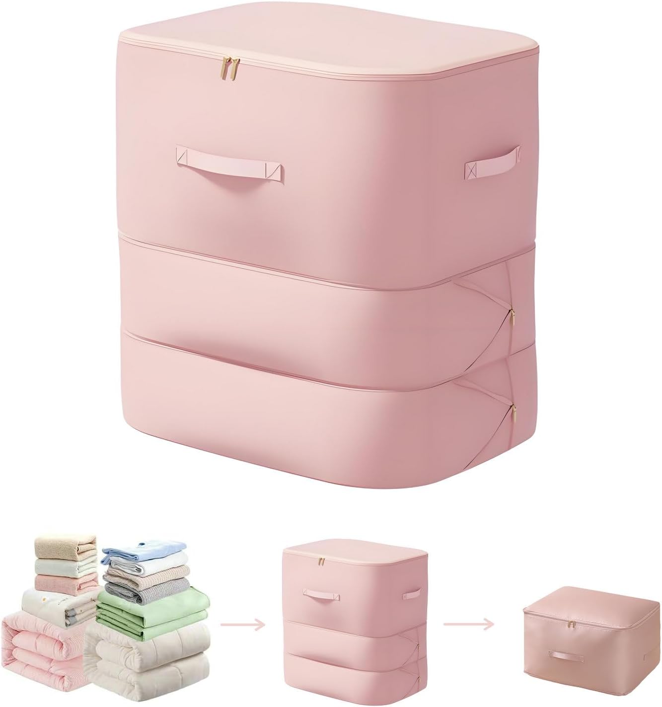 Ultra Space Saving Self Compression Organizer, 2025 New 3-Layer Zipper Large Capacity Storage Bag, Thick Satin Fabric Heavy Duty Bags for Comforters Blankets Bedding Duvet (Pink, X-Large, 21x17x24in)