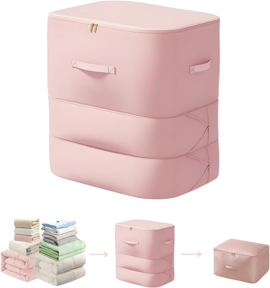 Ultra Space Saving Self Compression Organizer, 2025 New 3-Layer Zipper Large Capacity Storage Bag, Thick Satin Fabric Heavy Duty Bags for Comforters Blankets Bedding Duvet (Pink, X-Large, 21x17x24in)