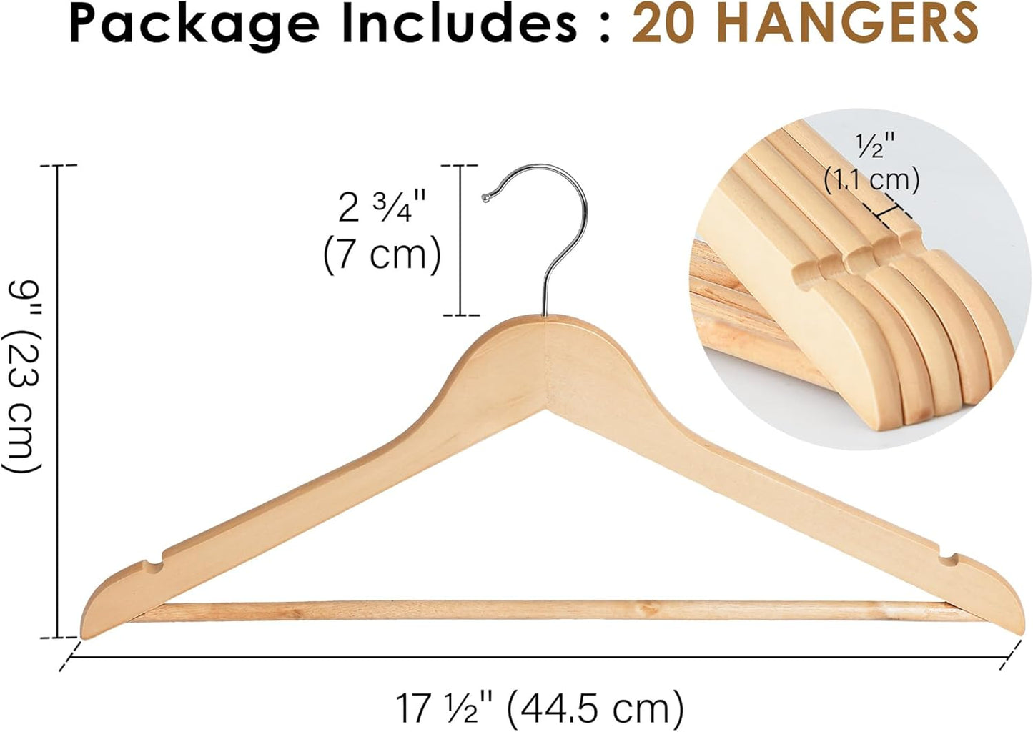 StorageWorks Wooden Hangers 20 Pack, Wood Coat Hanger for Coats, Shirts, Jackets, Pants, Suits, Natural Wood Color