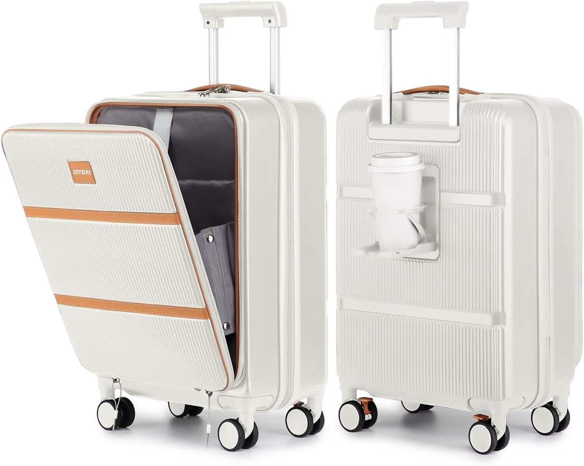 Joyway Carry on Luggage Airline Approved with Front Pocket, Hardside 20 Inch Travel Luggages with Cup Holder, Carry-on Suitcase with Spinner Wheels for Men and Women (White, 20 Inch)