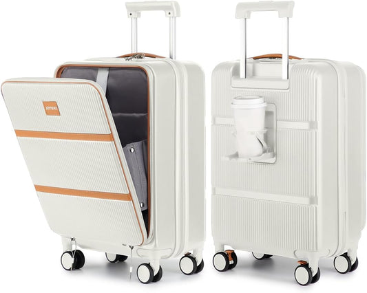 Joyway Carry on Luggage Airline Approved with Front Pocket, Hardside 20 Inch Travel Luggages with Cup Holder, Carry-on Suitcase with Spinner Wheels for Men and Women (White, 20 Inch)