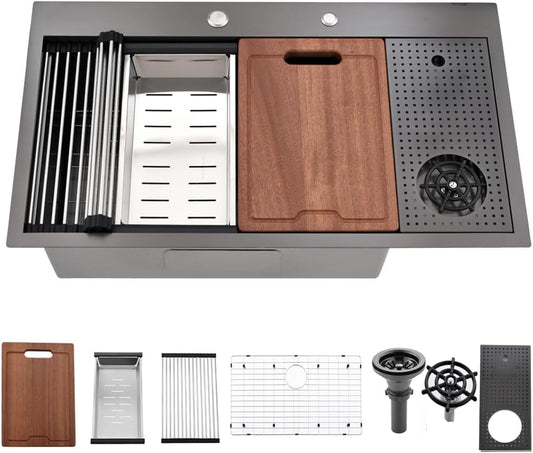 33 Inch Black Drop In Kitchen Sink with Glass Rinser-Bokaiya 33x19 Drop In Sink Stainless Steel Ledge Workstation 16 Gauge Single Bowl Deep Kitchen Sinks with Cup Washer