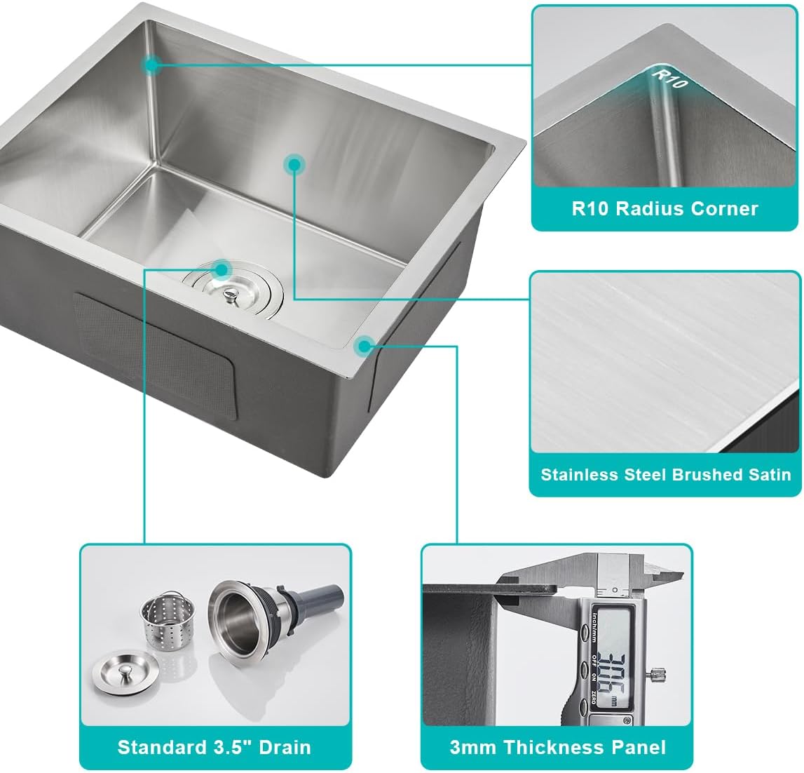 20 x 16 Inch Undermount Kitchen Sink, 304 Stainless Steel Single Bowl Small Kitchen Bar Sink Undermount, Brushed Nickel