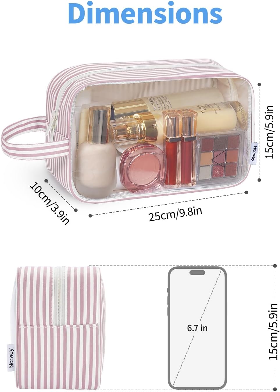 Narwey Clear Toiletry Bags for Traveling Women Men, Clear Travel Bags for Toiletries Makeup Bag Cosmetic Bag with Zipper, Make Up Organizer, Skincare Bag (Dusty Pink Stripe)