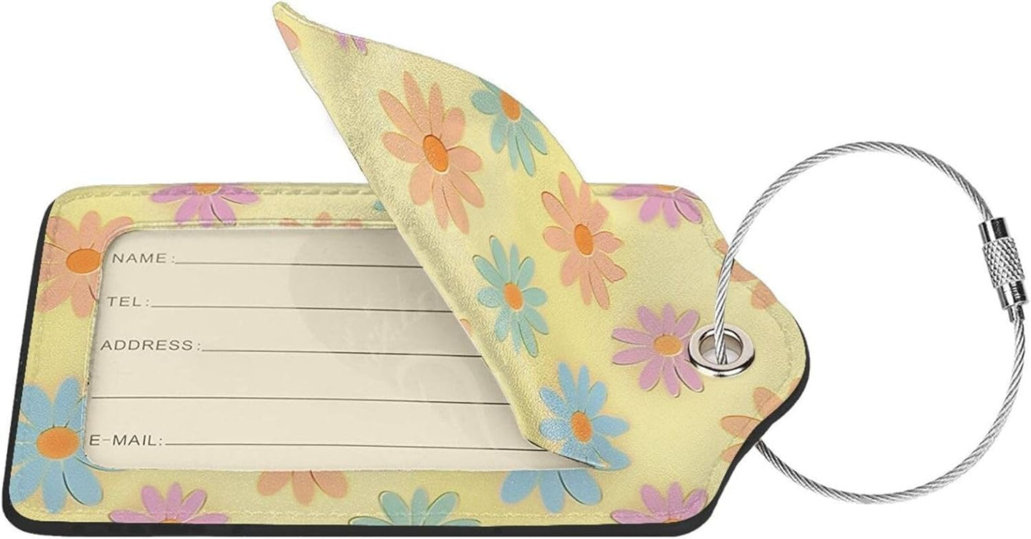 Flowers Leather Luggage Tag with Stainless Steel Ring, Fun Name Id Card Cover Travel Bag Tag Set, Suitable for Travel Bag Luggage Women Men 1 PCS