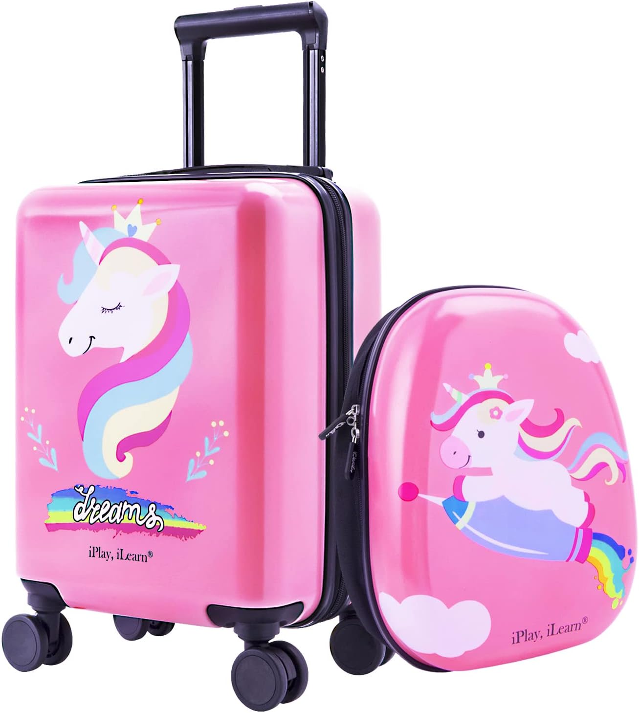 iPlay, iLearn Unicorn Kids Luggage, Girls Carry on Suitcase, 18" Hardside Travel Luggage Set W/Backpack, Toddler Rolling Luggage W/ 4 Spinner Wheels, Children Holiday Birthday Gift
