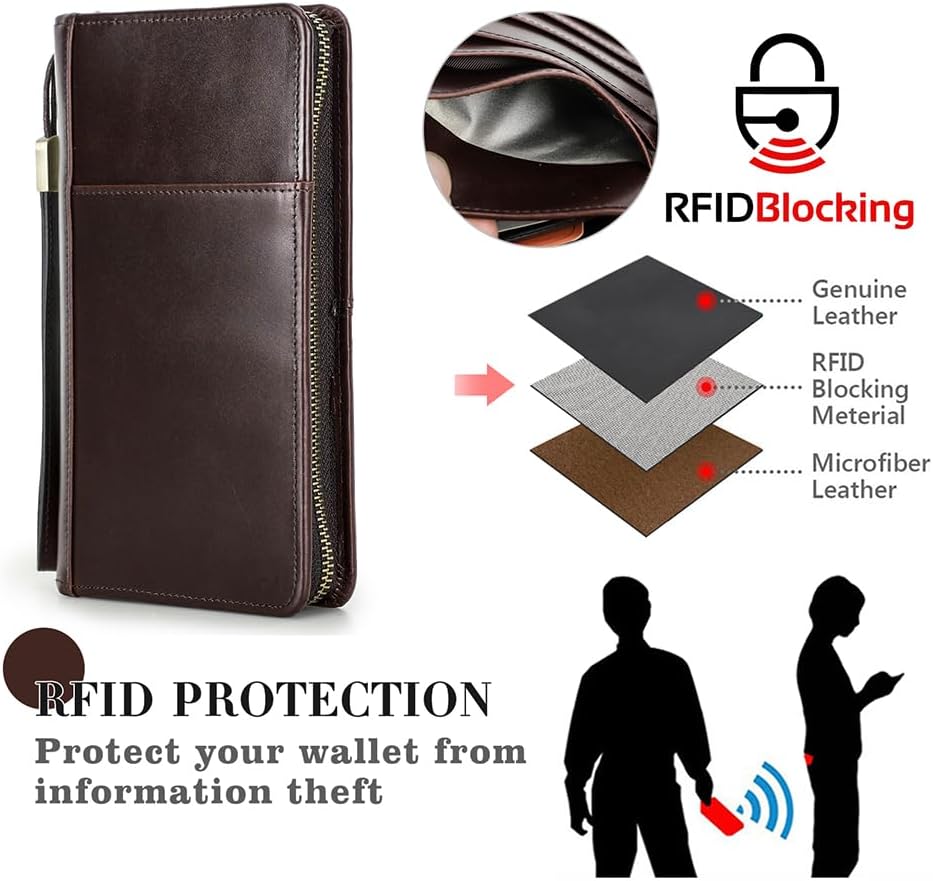CONTACTS Travel Passport Wallet for Men Leather Family Passport Holder Travel Clutch Wallet Zipper Wrist Card Purse RFID Blocking with 13 Card Slot Fit up 4 Passports