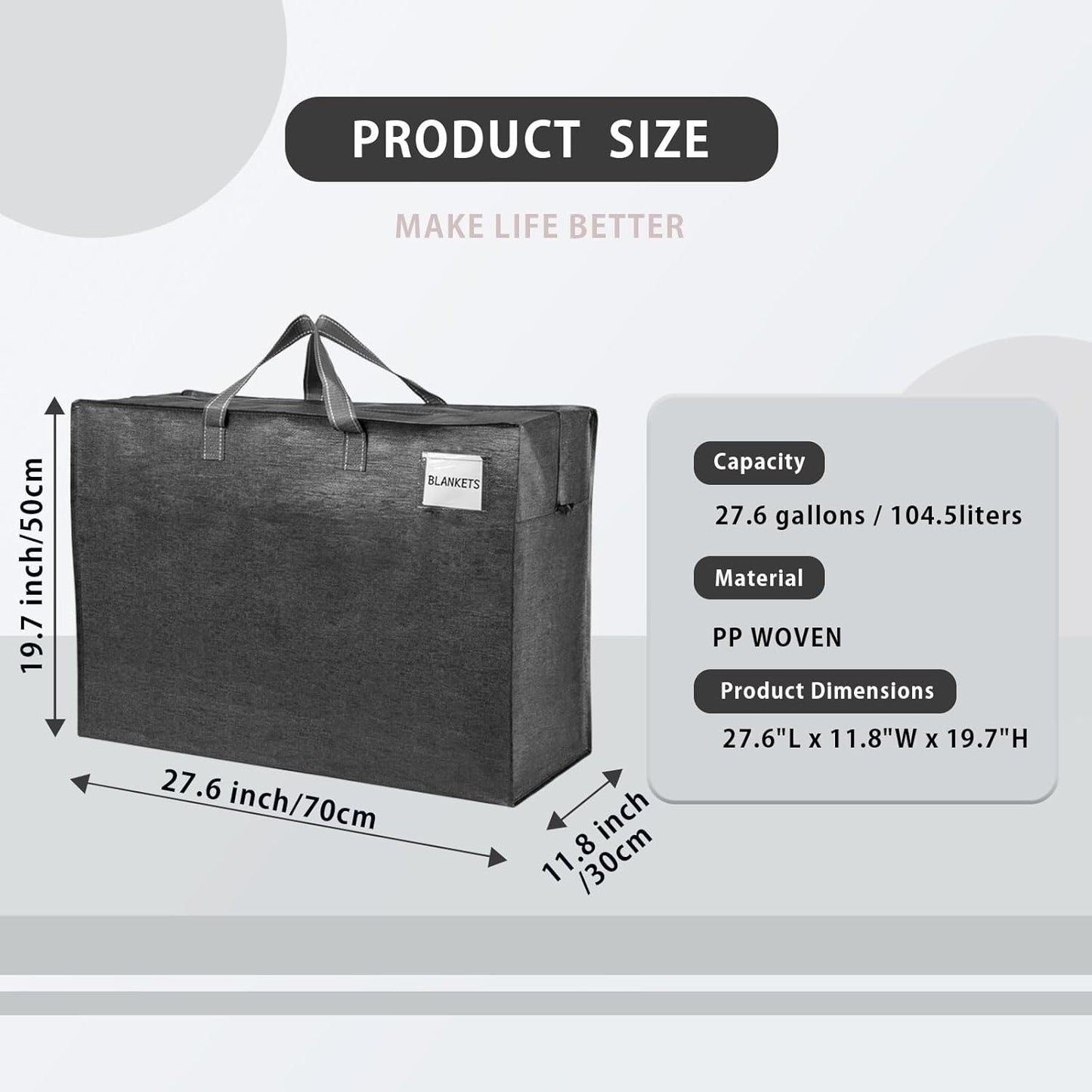 VENO 4 Pack Heavy Duty Moving Bags, Storage Bags, Packing Supplies, Top Zipper, Storage Totes for Camping, Clothes, Bedding, Comforters, Pillows (27 Gallon Dark Gray, 4 Pack)