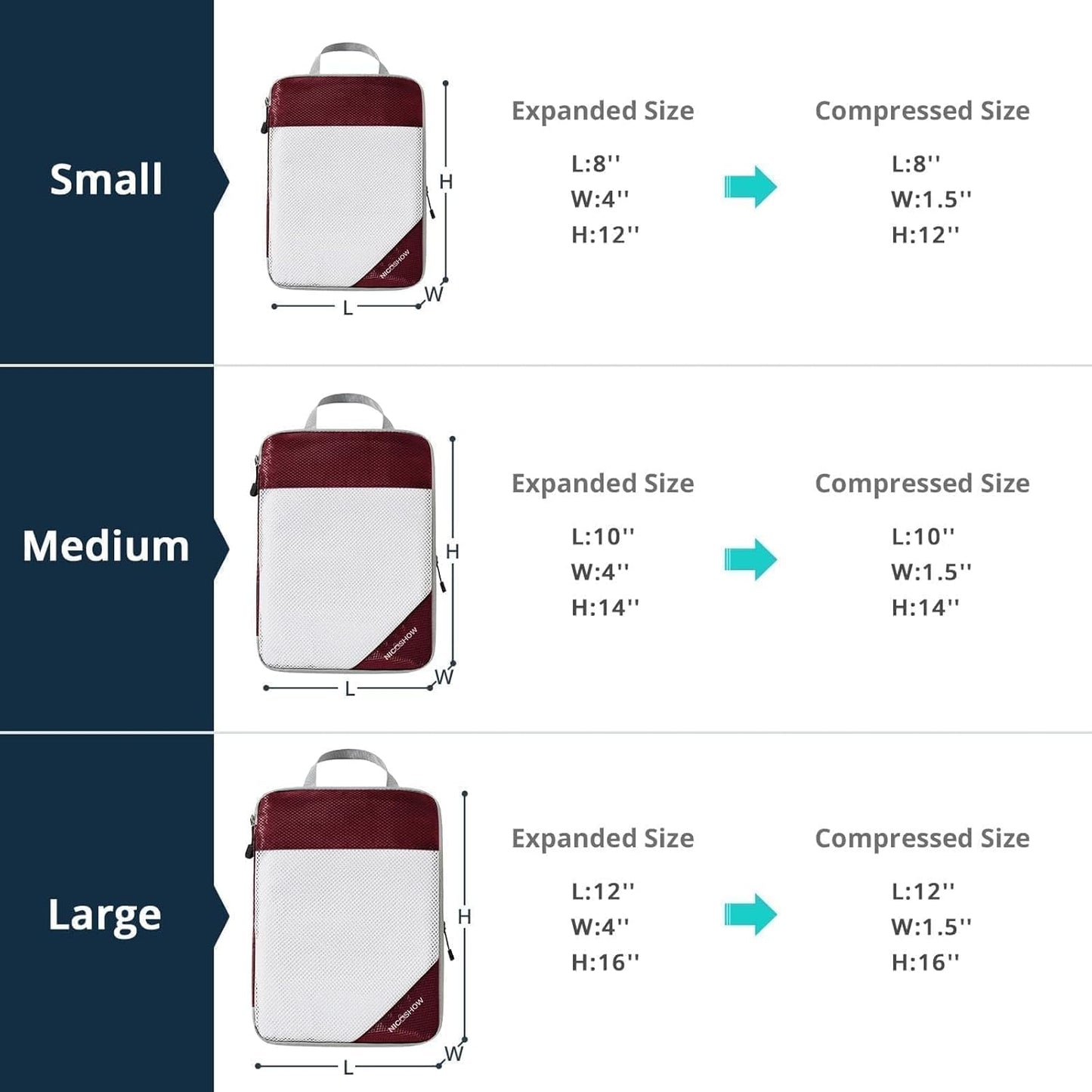 3 Set Compression Packing Cubes for Travel - Compressible, Lightweight, and Space-Saving Packing Cubes, Travel Essentials for Women, Wine