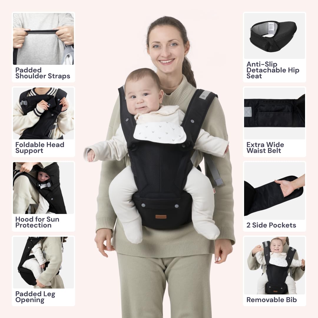 BabbleRoo Grow Carrier – 6-in-1 Baby Carrier with Hip Seat, Ergonomic, Cozy & Adjustable Toddler Carrier 7-50 lbs with Hip & Lumbar Support, Hood for Sun Protection, Newborn to Toddler, Black