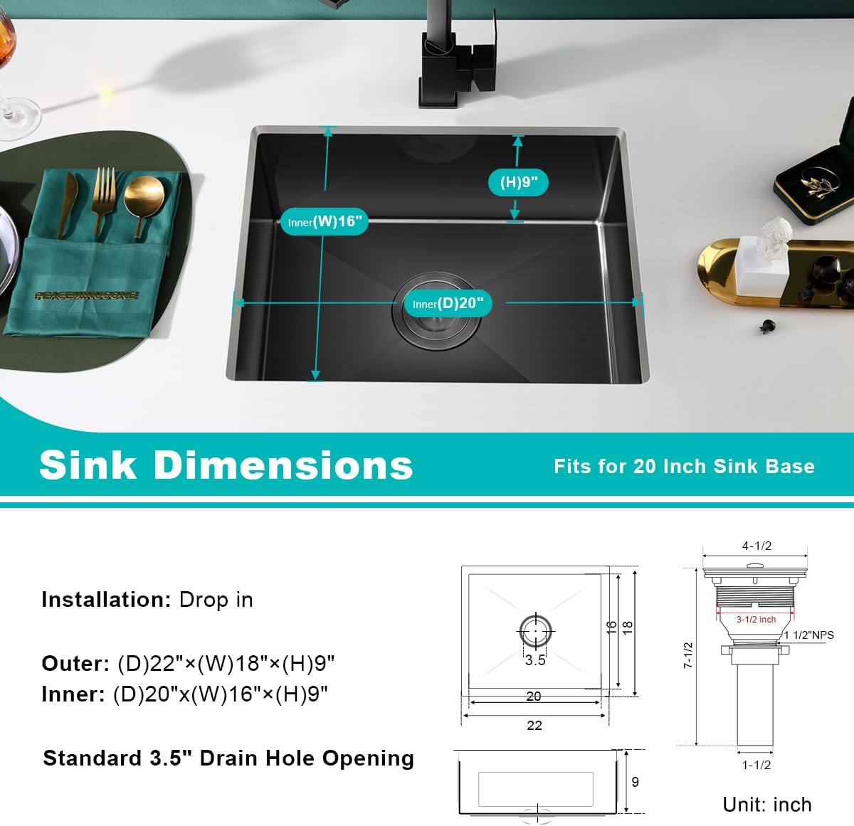 22 x 18 Inch Undermount Kitchen Sink, 18 Gauge Stainless Steel Handmade Single Bowl Kitchen Sink, 9 Inch Deep Bowl Bar Sink, Black