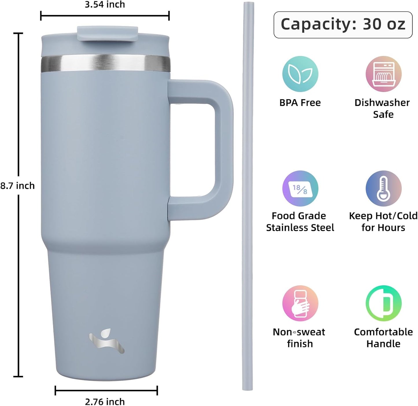 30 oz Tumbler with Handle and 2 Straws,2 in 1 Lid Insulated Water Bottle Stainless Steel Travel Coffee Mug,Lavender