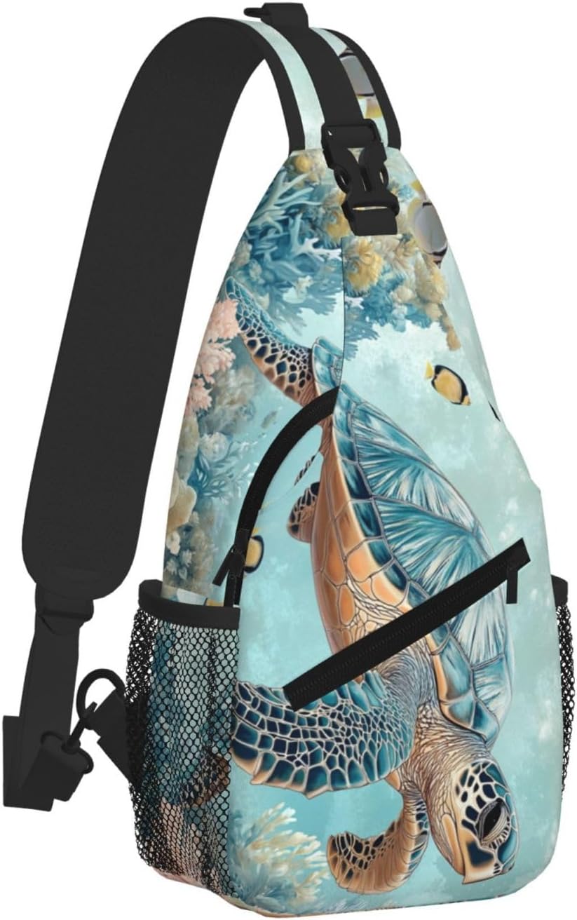SUPLUCHOM Sling Bag Turtle Sea Coral Ocean Hiking Daypack Crossbody Shoulder Backpack Travel Chest Pack for Men Women