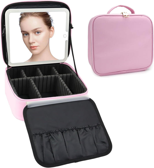 Travel Makeup Bag with LED Mirror Travel Makeup Organizer with 3 Lighted Settings, Adjustable Dividers and Makeup Brush Storage Bag Light Pink