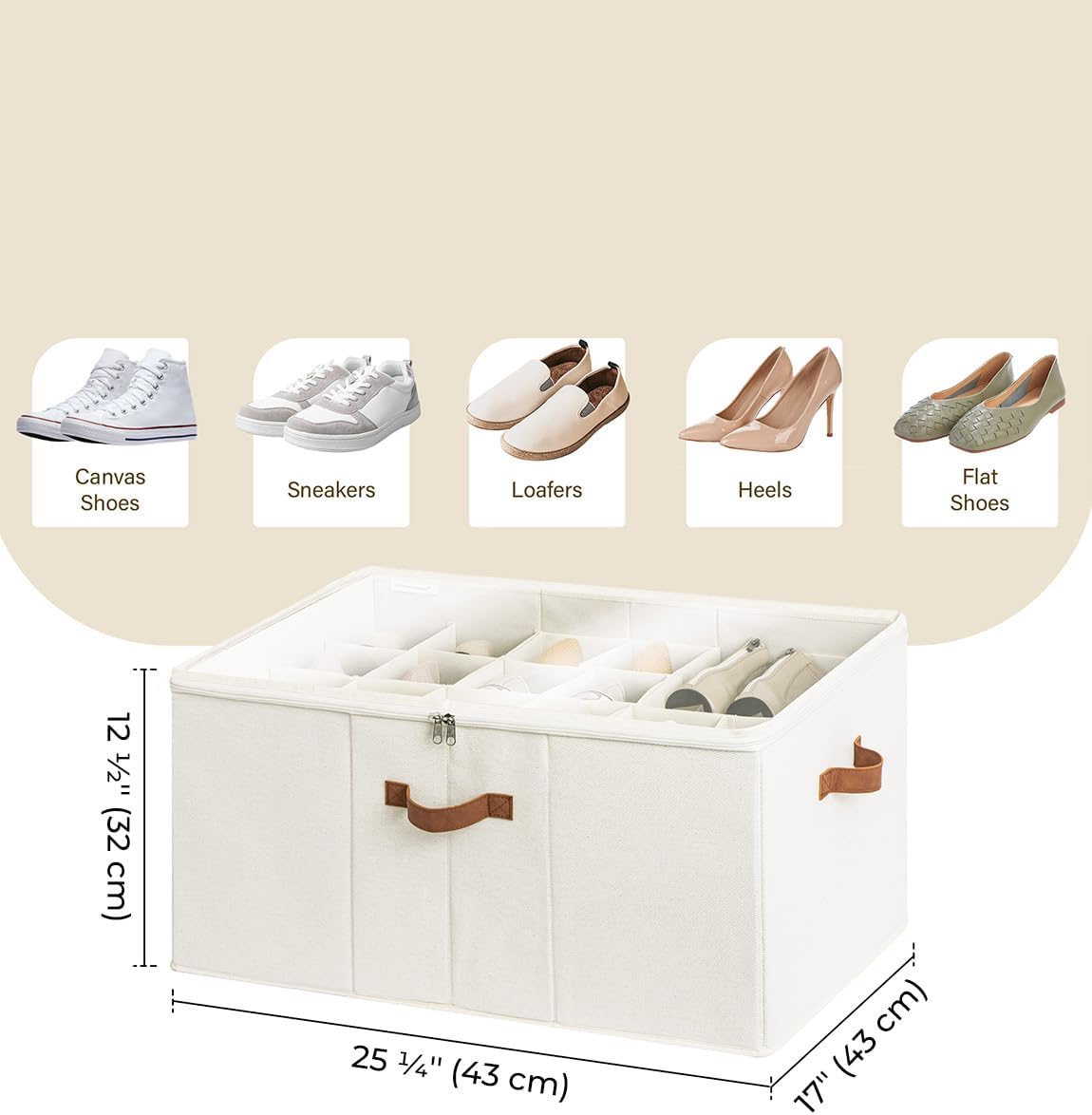 StorageWorks Shoe Organizer for Closet, Fits up to 24 Pairs, Shoe Cubby Storage Containers with Adjustable Dividers and Clear Cover, Beige