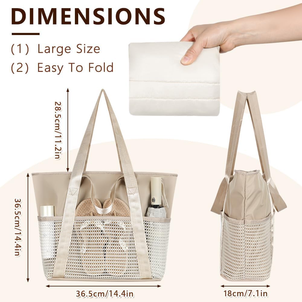 Waterproof Sandproof Beach Bag with Zipper and 6 Pockets - Foldable Lightweight Tote for Pool, Travel